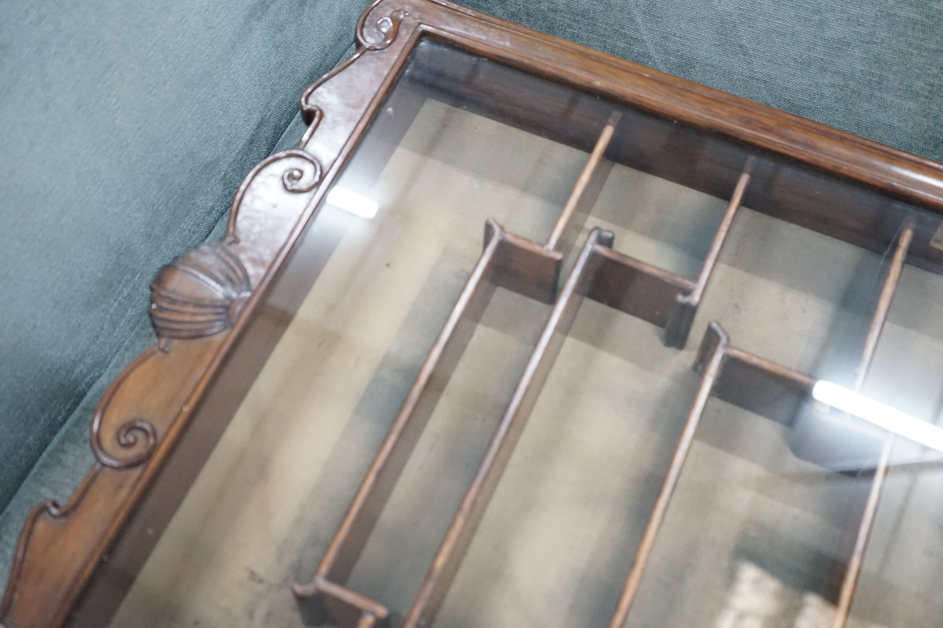 A Chinese glazed hardwood hanging display cabinet, width 52cm, height 85cm